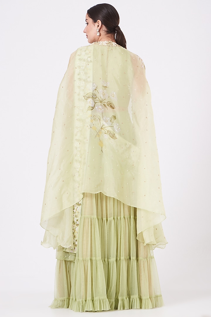 Lime Green Chiffon Printed Cape Set by Yashodhara at Pernia's Pop Up Shop