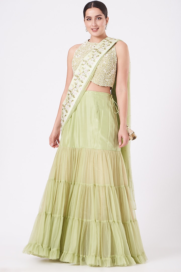 Lime Green Chiffon Printed Cape Set by Yashodhara at Pernia's Pop Up Shop