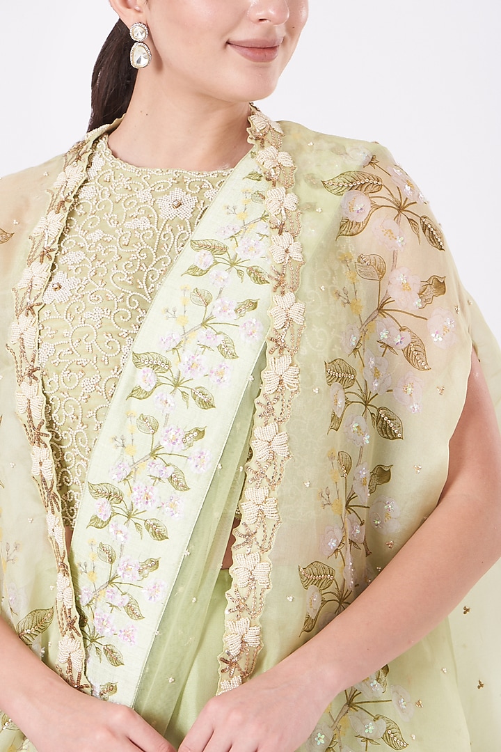 Lime Green Chiffon Printed Cape Set by Yashodhara at Pernia's Pop Up Shop