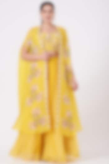 Yellow Raw Silk & Chiffon Pant Set by Yashodhara