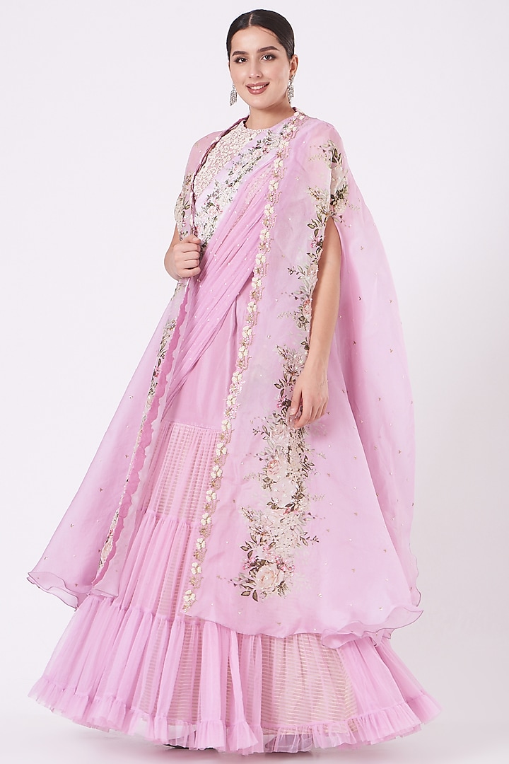 Lilac Net Embroidered Lehenga Set by Yashodhara