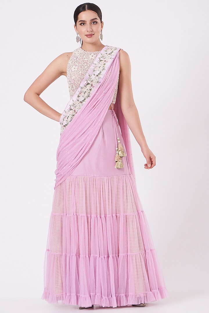 Lilac Net Embroidered Wedding Lehenga Set by Yashodhara at Pernia's Pop Up Shop