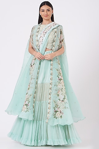 Aqua Blue Net Embroidered Lehenga Set by Yashodhara