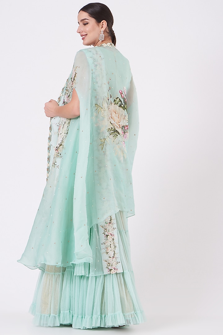 Aqua Blue Net Embroidered Wedding Lehenga Set by Yashodhara at Pernia's Pop Up Shop