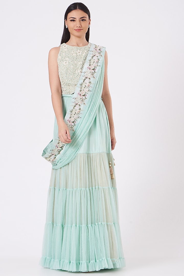 Aqua Blue Net Embroidered Wedding Lehenga Set by Yashodhara at Pernia's Pop Up Shop