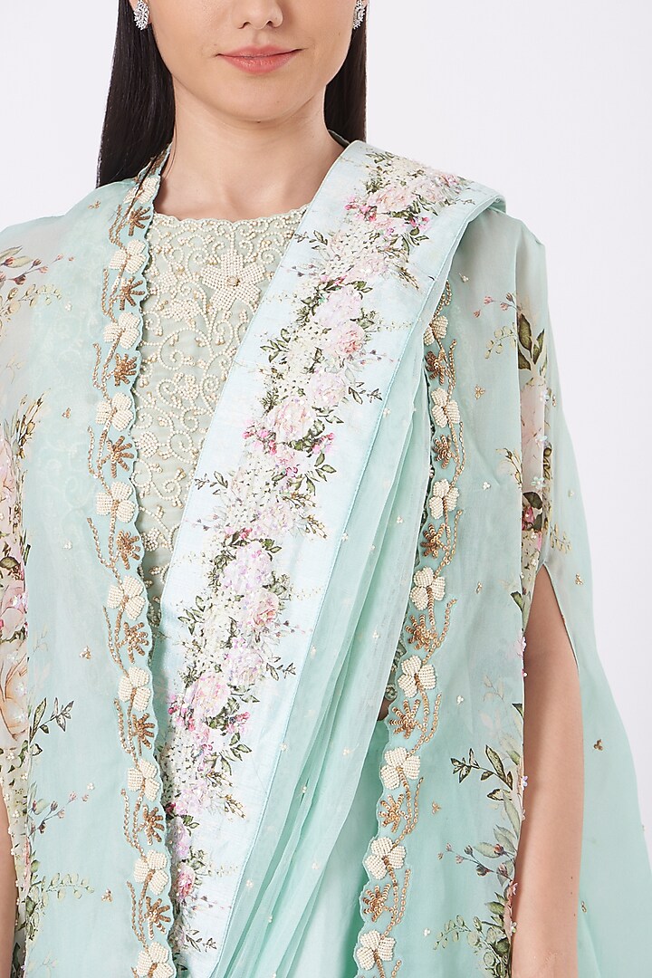 Aqua Blue Net Embroidered Wedding Lehenga Set by Yashodhara at Pernia's Pop Up Shop