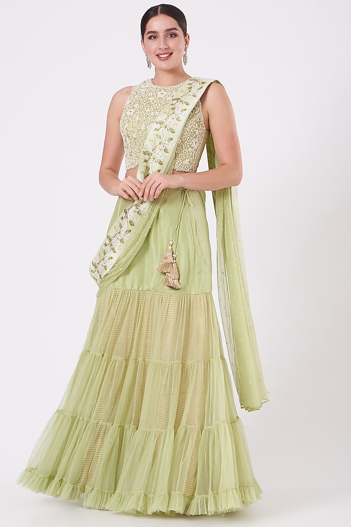 Jade Green Organza & Chiffon Wedding Lehenga Set by Yashodhara at Pernia's Pop Up Shop