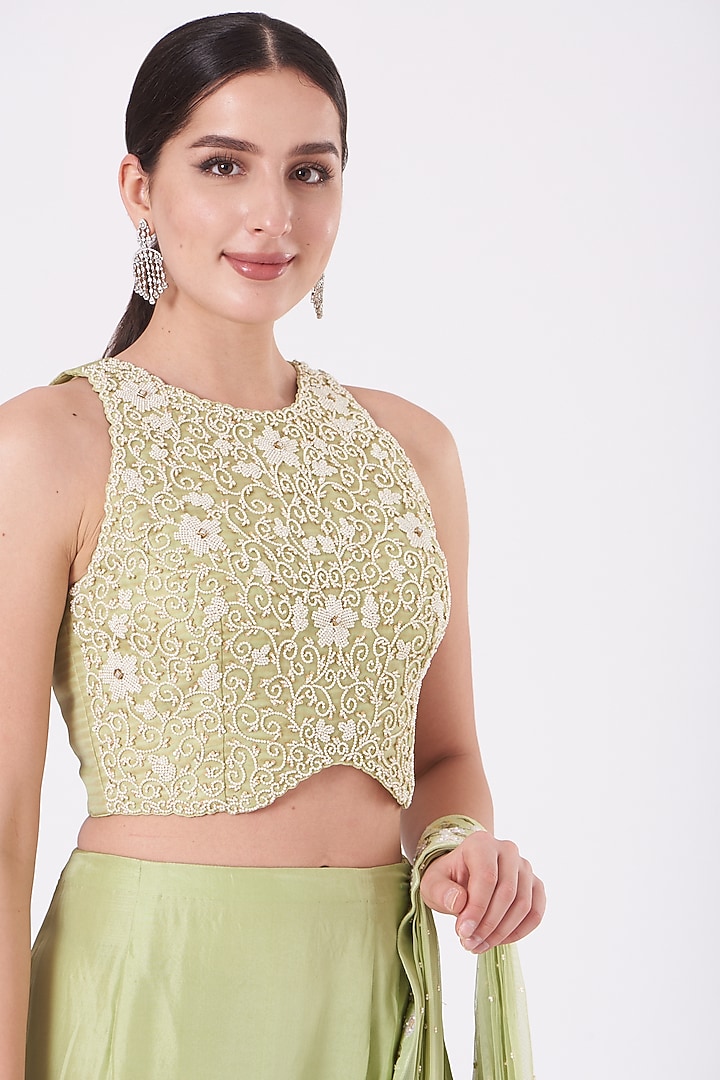 Jade Green Organza & Chiffon Wedding Lehenga Set by Yashodhara at Pernia's Pop Up Shop