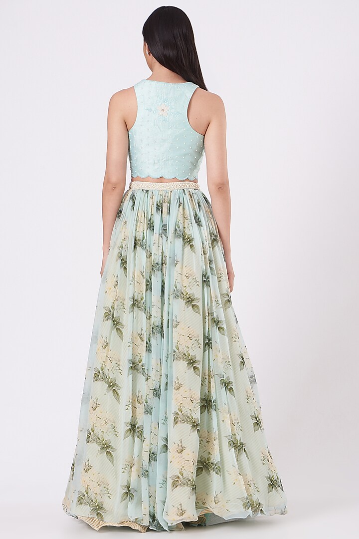 Aqua Blue Chiffon Embroidered Wedding Lehenga Set by Yashodhara at Pernia's Pop Up Shop