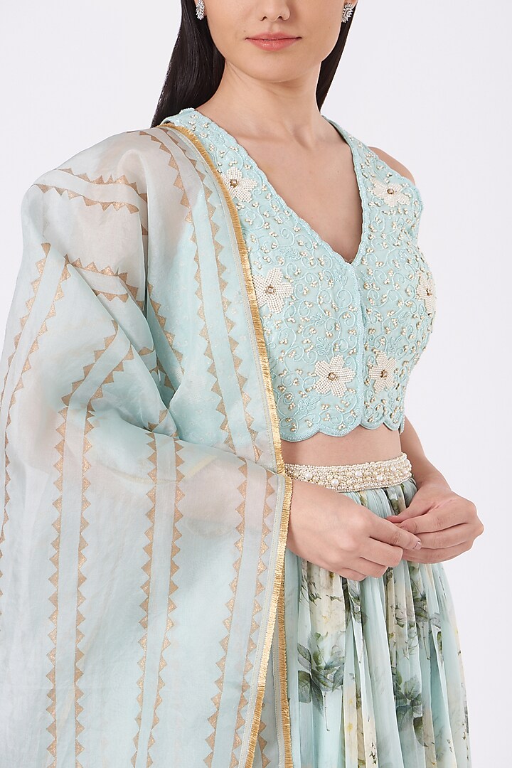 Aqua Blue Chiffon Embroidered Wedding Lehenga Set by Yashodhara at Pernia's Pop Up Shop