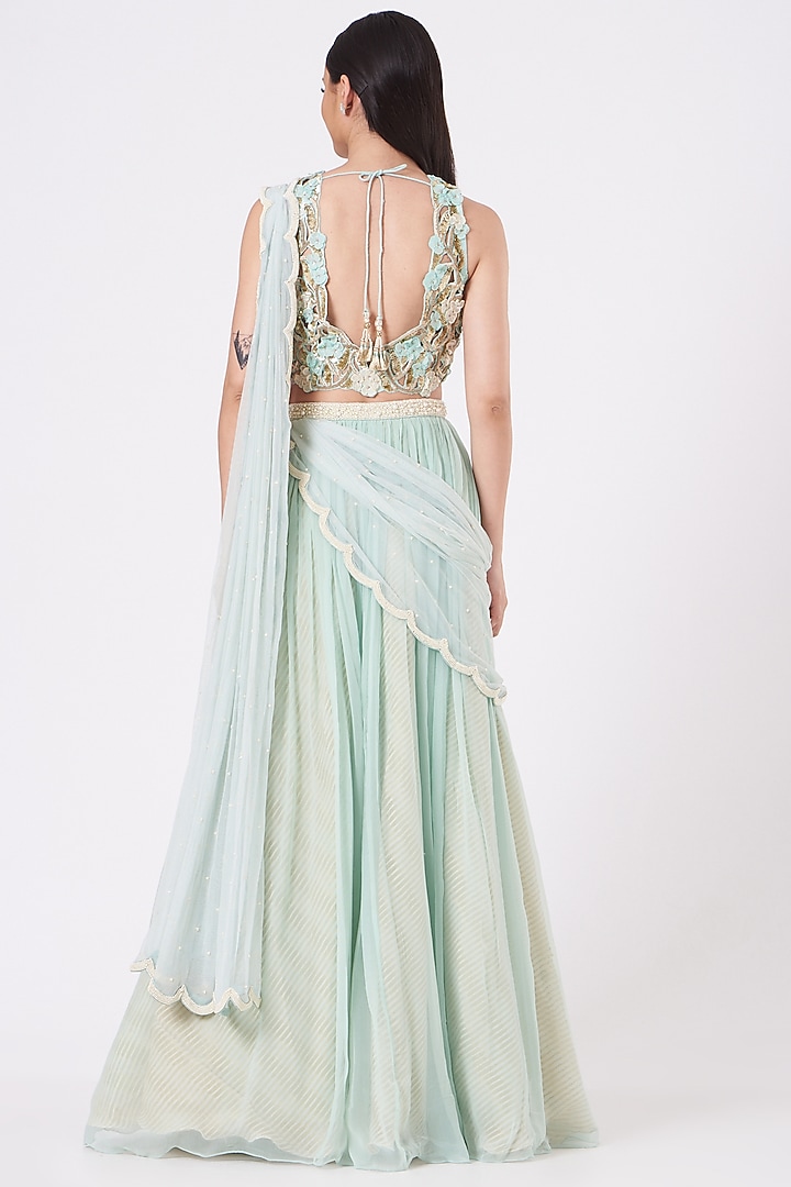 Aqua Blue Draped Saree Set with Embellished Blouse main image 0