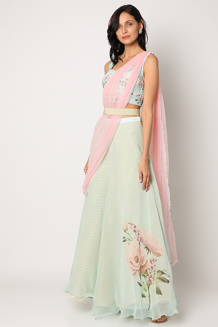 Mint Green Chiffon Palazzo Pant Set by Yashodhara at Pernia's Pop Up Shop