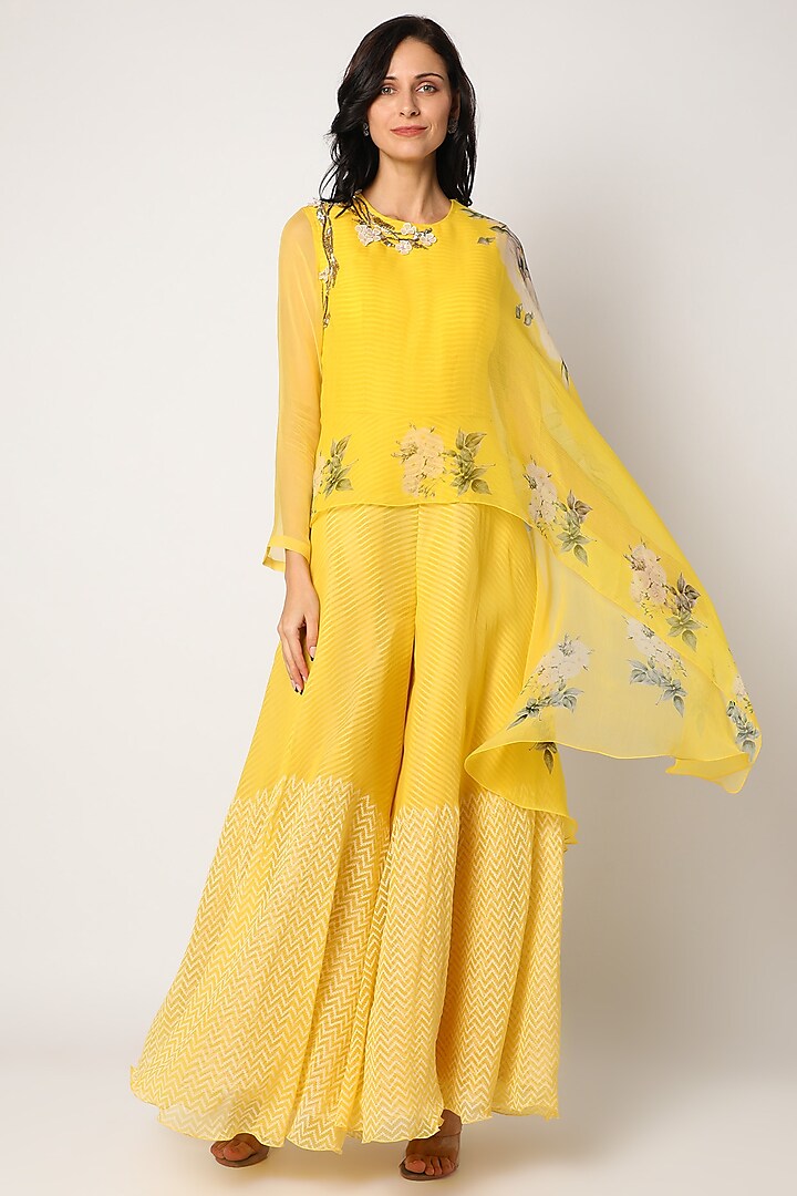 Yellow Block Printed Jumpsuit With Cape by Yashodhara