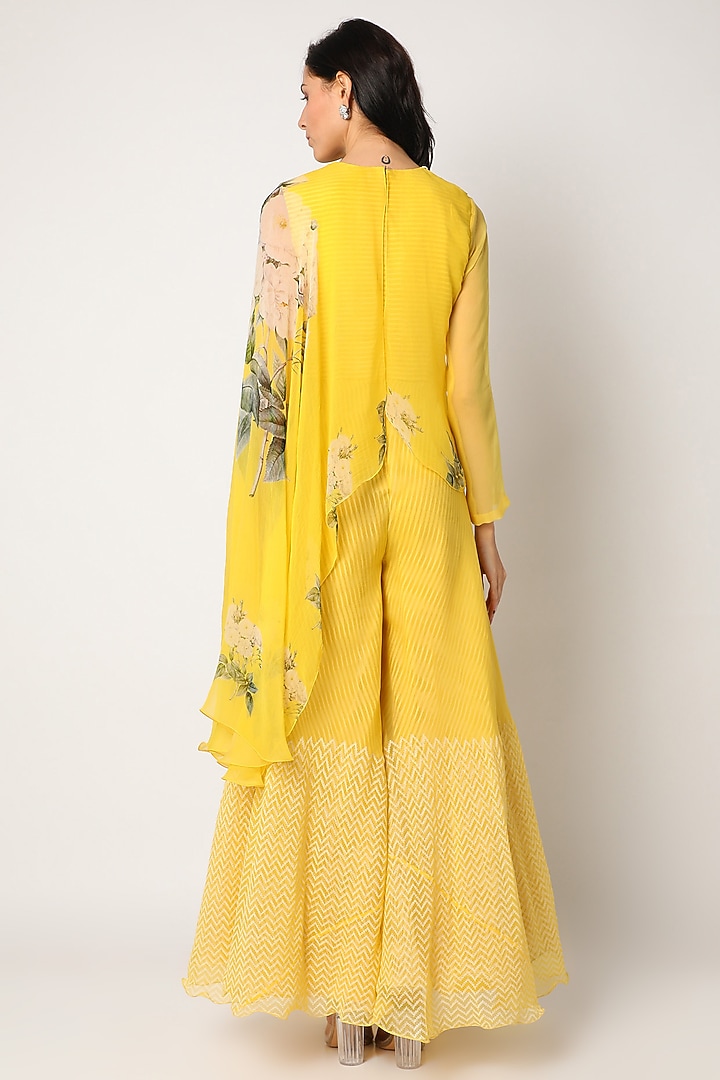 Yellow Block Printed Jumpsuit With Cape by Yashodhara at Pernia's Pop Up Shop