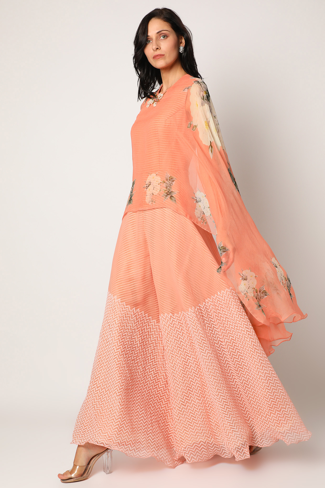 Peach Block Printed Jumpsuit With Cape by Yashodhara at Pernia's Pop Up Shop