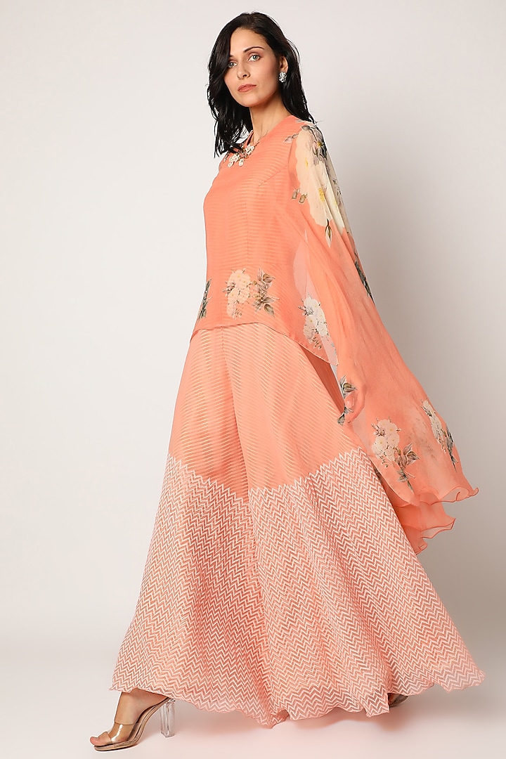Peach Block Printed Jumpsuit With Cape by Yashodhara