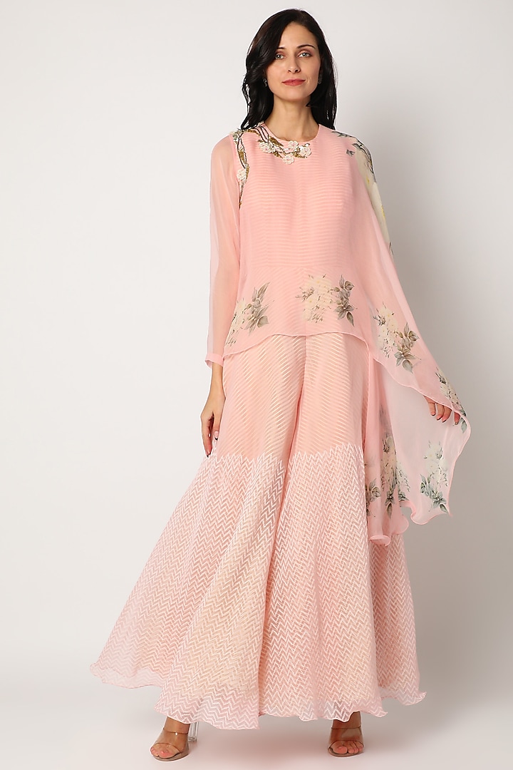 Magnolia Pink Printed Jumpsuit With Cape by Yashodhara