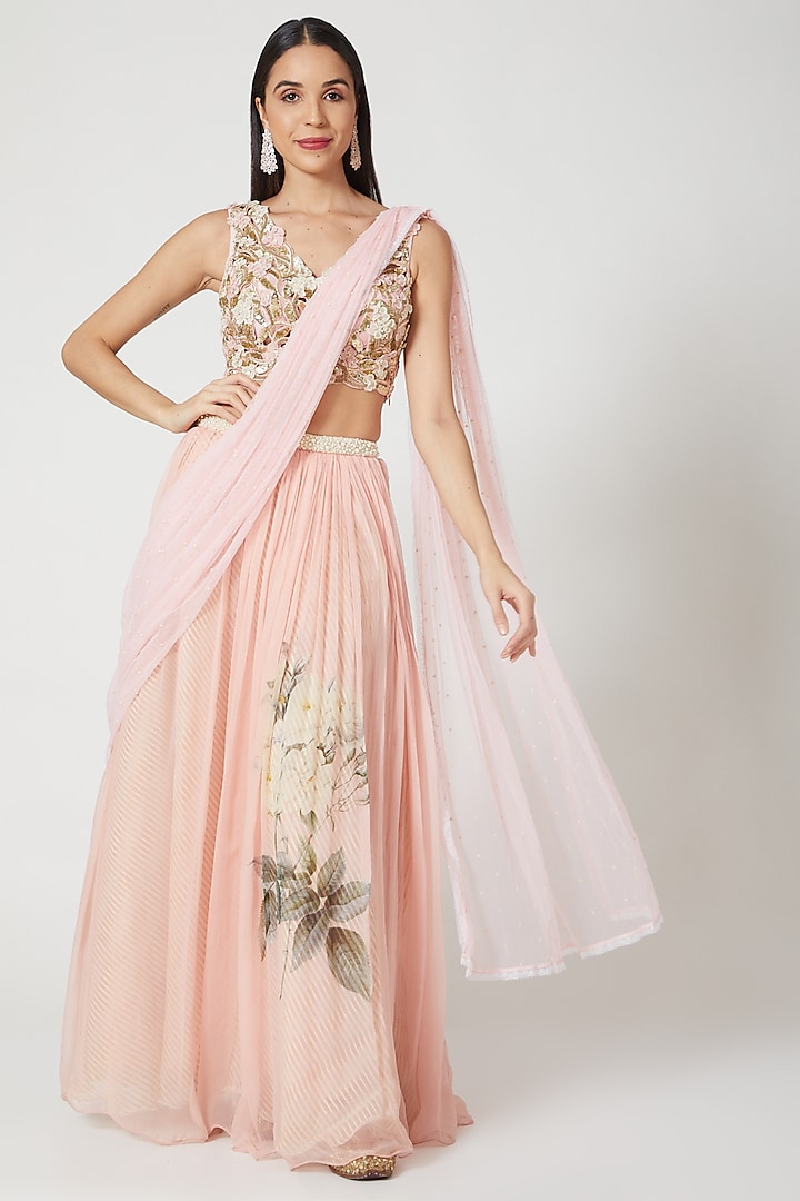 Blush Pink Printed & Embellished Lehenga Set by Yashodhara