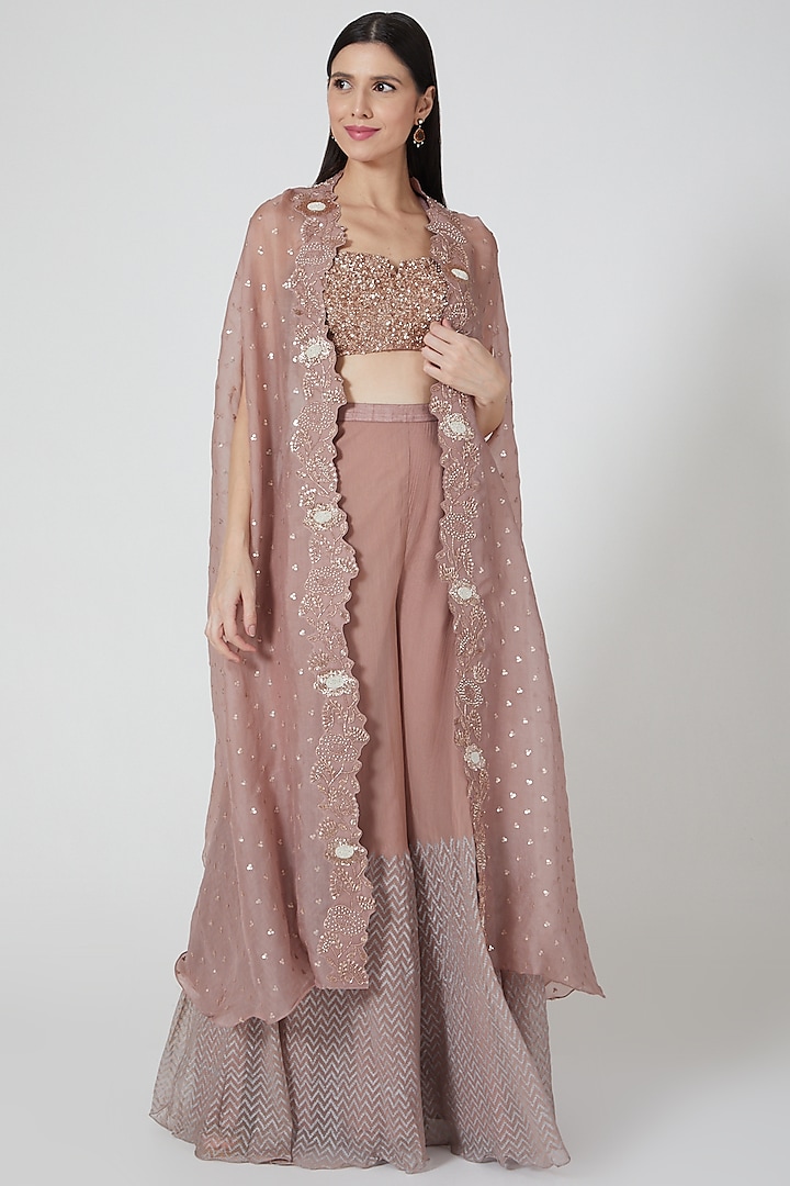 Rose Gold Embroidered Cape Set by Yashodhara