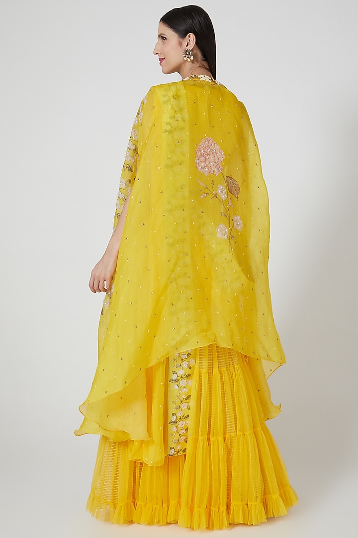 Yellow Organza & Net Printed Jacket Wedding Lehenga Set by Yashodhara at Pernia's Pop Up Shop