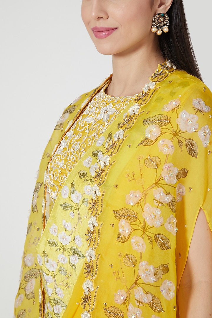 Yellow Organza & Net Printed Jacket Wedding Lehenga Set by Yashodhara at Pernia's Pop Up Shop