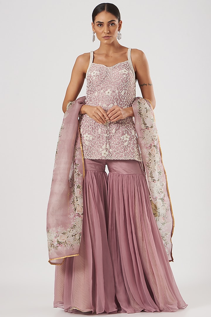 Blush Pink Raw Silk & Chiffon Gharara Set by Yashodhara