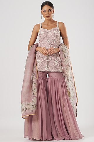Blush Pink Raw Silk & Chiffon Gharara Set by Yashodhara