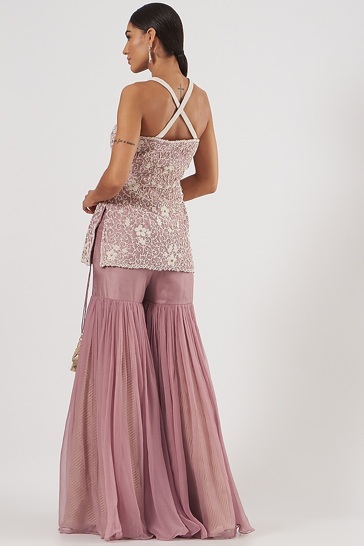 Blush Pink Raw Silk & Chiffon Gharara Set by Yashodhara at Pernia's Pop Up Shop