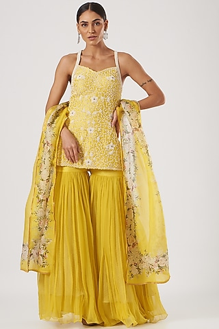 Yellow Raw Silk & Chiffon Gharara Set  by Yashodhara