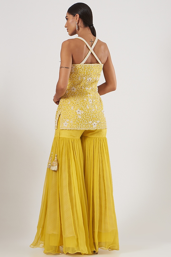 Yellow Raw Silk & Chiffon Gharara Set by Yashodhara at Pernia's Pop Up Shop