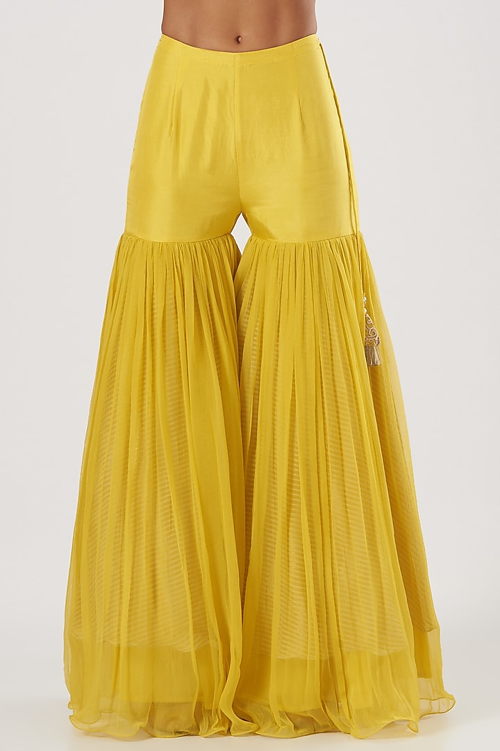 Yellow Raw Silk & Chiffon Gharara Set by Yashodhara at Pernia's Pop Up Shop