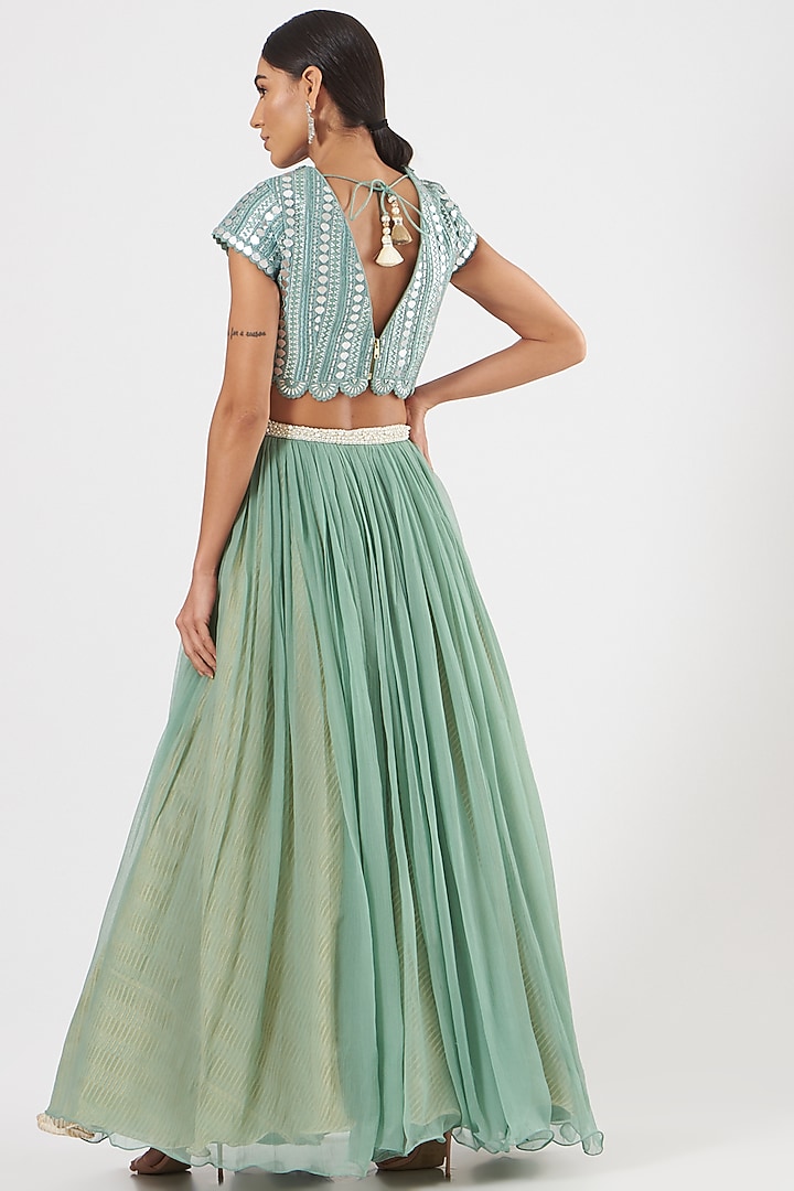 Teal Green Chiffon Wedding Lehenga Set by Yashodhara at Pernia's Pop Up Shop