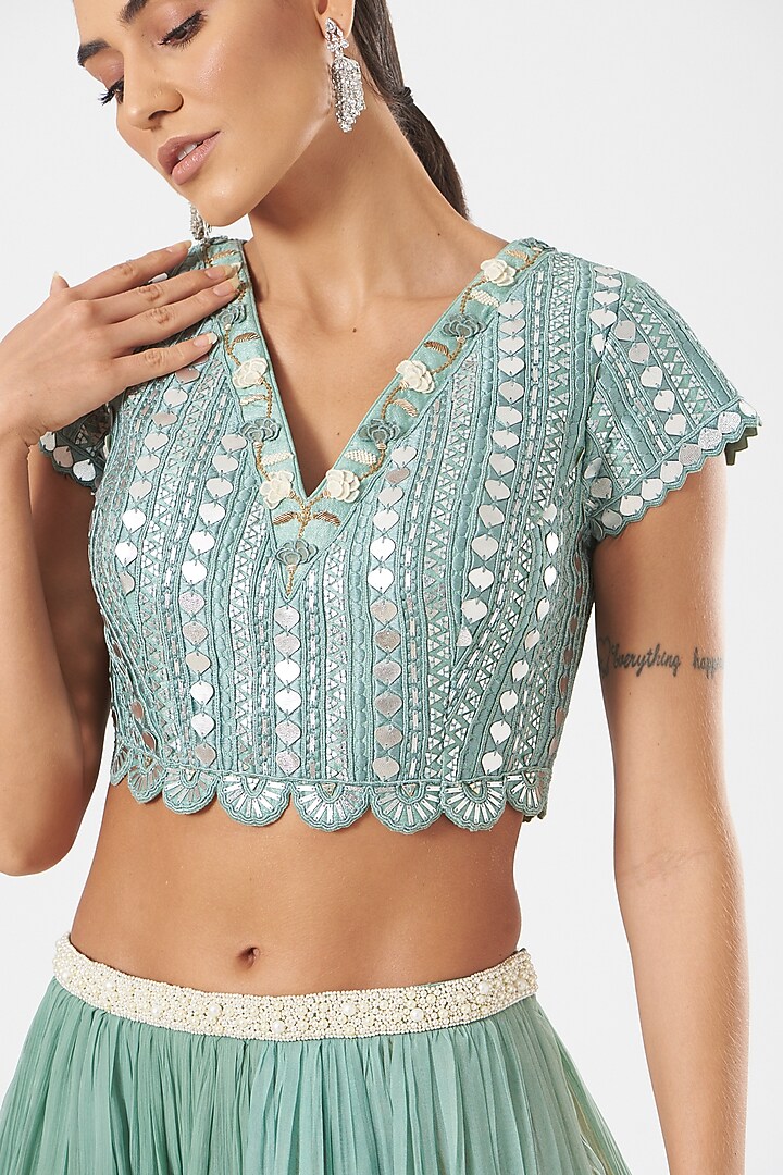 Teal Green Chiffon Wedding Lehenga Set by Yashodhara at Pernia's Pop Up Shop