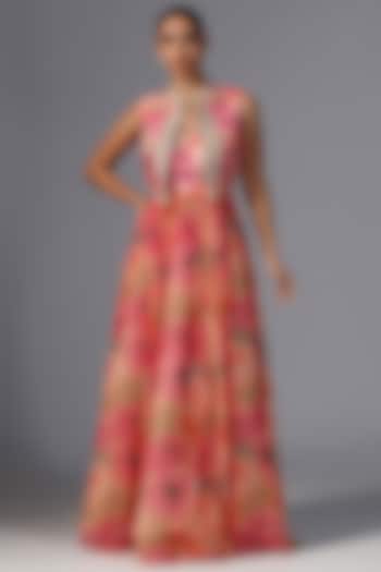 Pink Chiffon Printed & Embroidered Jacket Wedding Anarkali by Yashodhara at Pernia's Pop Up Shop