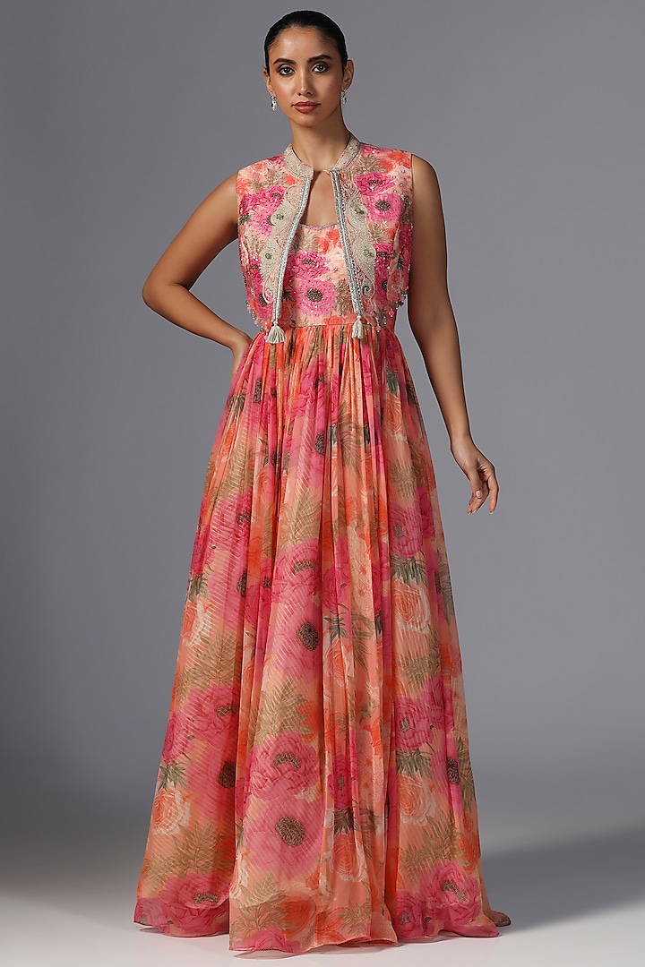 Pink Chiffon Printed & Embroidered Jacket Wedding Anarkali by Yashodhara at Pernia's Pop Up Shop