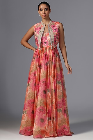 Pink Chiffon Printed & Embroidered Jacket Anarkali by Yashodhara