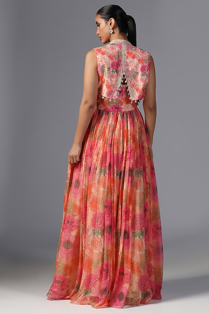 Pink Chiffon Printed & Embroidered Jacket Wedding Anarkali by Yashodhara at Pernia's Pop Up Shop