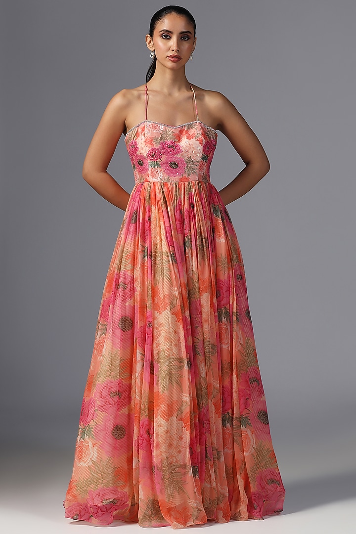 Pink Chiffon Printed & Embroidered Jacket Wedding Anarkali by Yashodhara at Pernia's Pop Up Shop