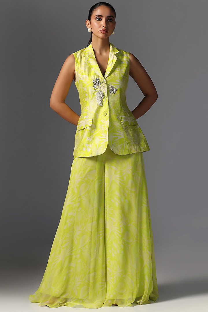 Neon Green Raw Silk Embroidered & Printed Jacket Set by Yashodhara at Pernia's Pop Up Shop