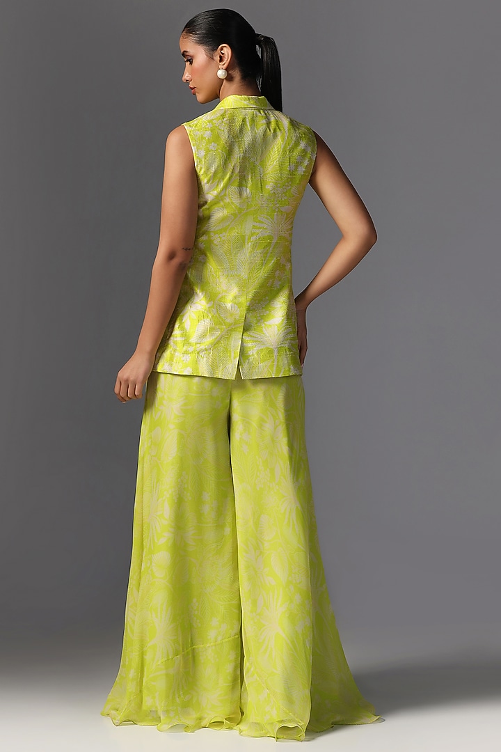 Neon Green Raw Silk Embroidered & Printed Jacket Set by Yashodhara at Pernia's Pop Up Shop