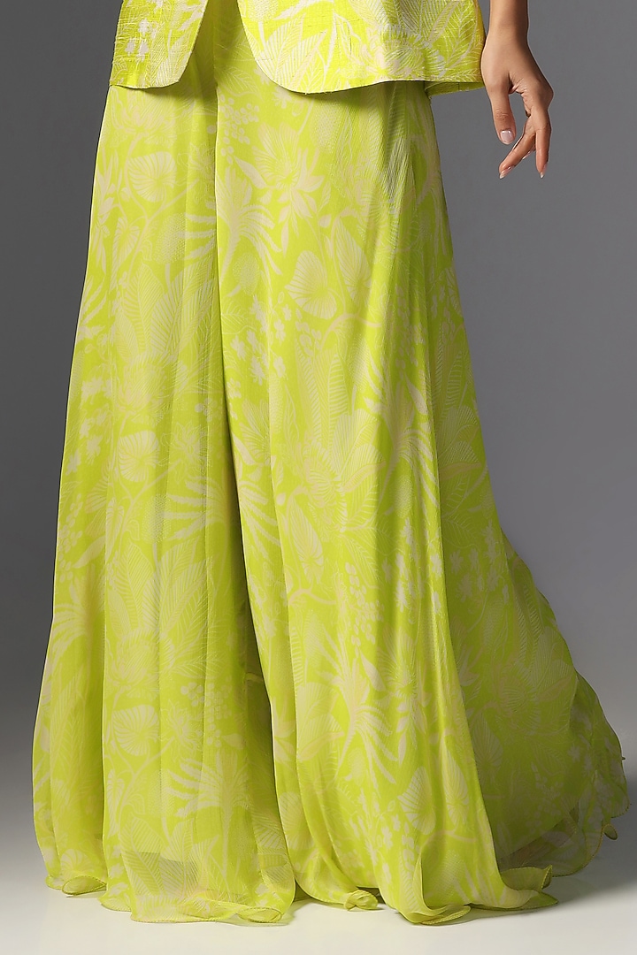 Neon Green Raw Silk Embroidered & Printed Jacket Set by Yashodhara at Pernia's Pop Up Shop
