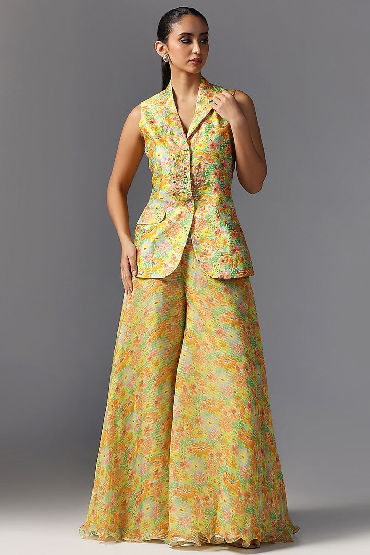 Multi-Colored Raw Silk Printed & Embroidered Jacket Set by Yashodhara at Pernia's Pop Up Shop