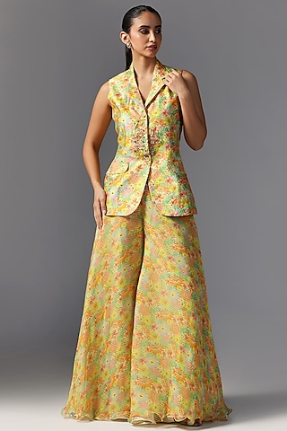 Multi-Colored Raw Silk Printed & Embroidered Jacket Set by Yashodhara
