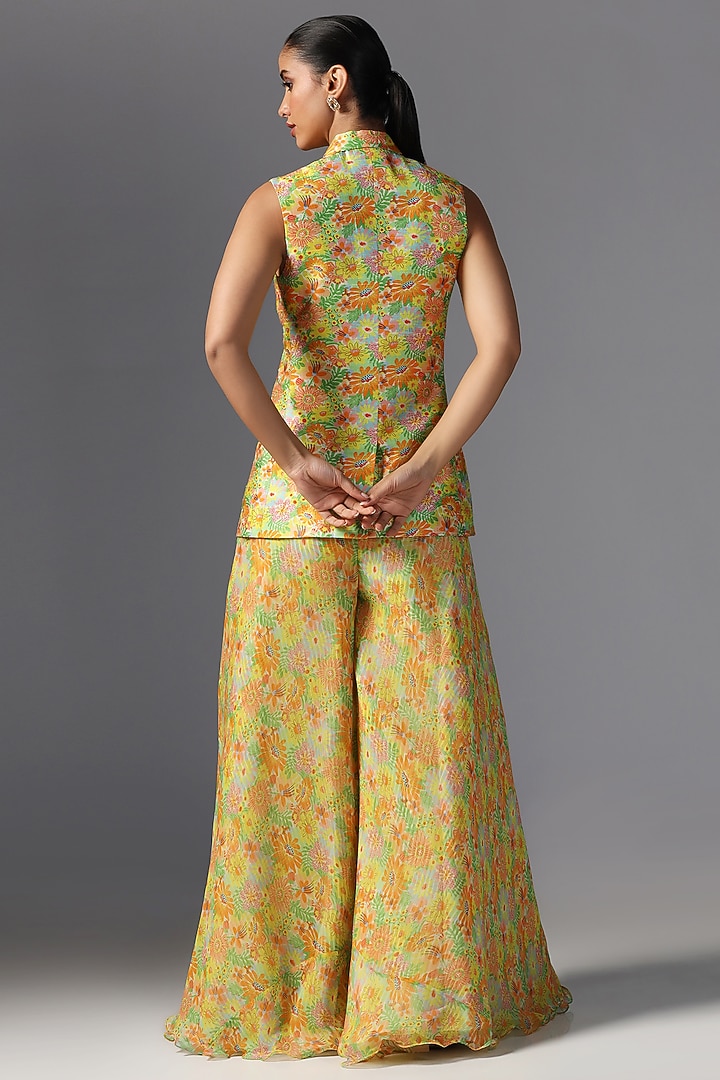 Multi-Colored Raw Silk Printed & Embroidered Jacket Set by Yashodhara at Pernia's Pop Up Shop