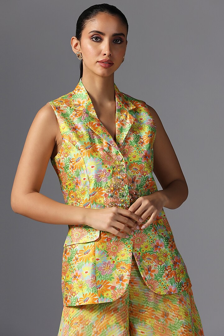 Multi-Colored Raw Silk Printed & Embroidered Jacket Set by Yashodhara at Pernia's Pop Up Shop