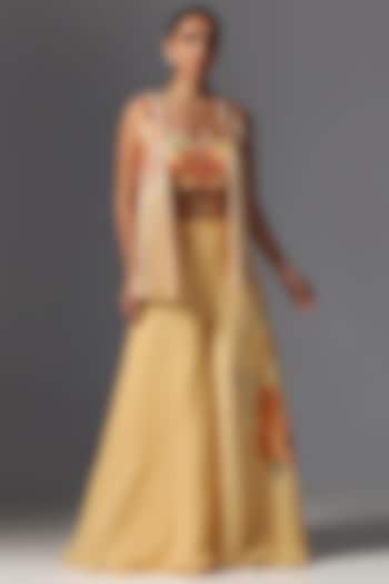 Peach Raw Silk Printed & Embroidered Jacket Set by Yashodhara at Pernia's Pop Up Shop