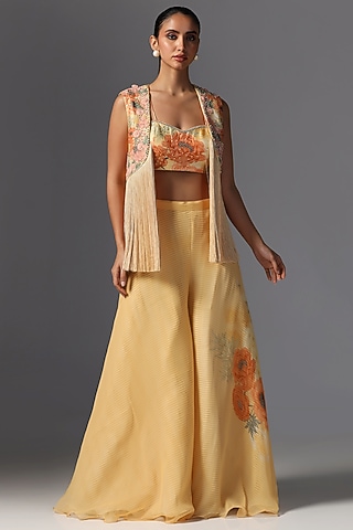 Peach Raw Silk Printed & Embroidered Jacket Set by Yashodhara