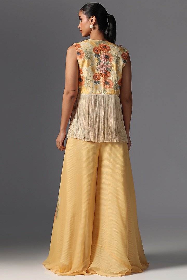 Peach Raw Silk Printed & Embroidered Jacket Set by Yashodhara at Pernia's Pop Up Shop
