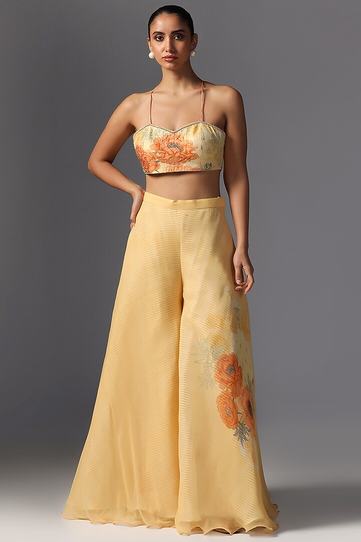 Peach Raw Silk Printed & Embroidered Jacket Set by Yashodhara at Pernia's Pop Up Shop