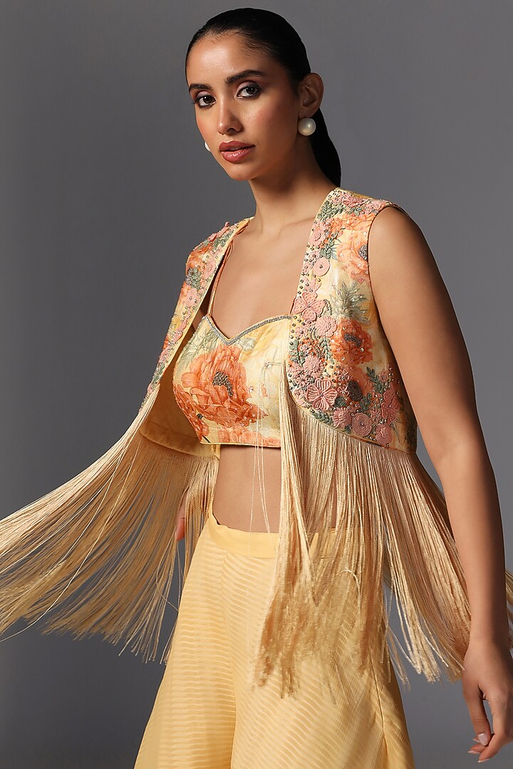 Peach Raw Silk Printed & Embroidered Jacket Set by Yashodhara at Pernia's Pop Up Shop